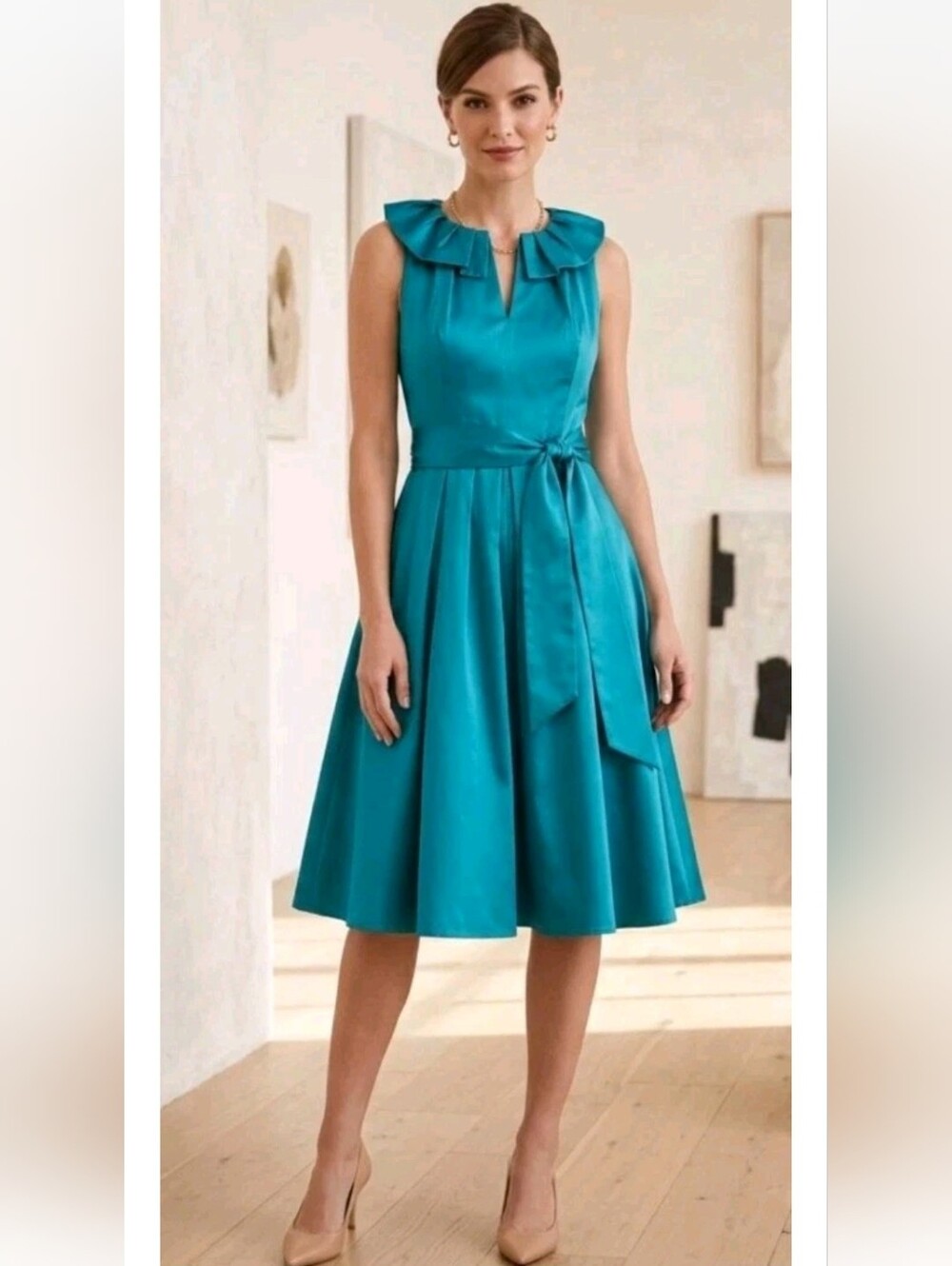 Vintage Y2k Silk Dress Teal Blue Prom Wedding Guest Petticoat Sleeveless Ruffle